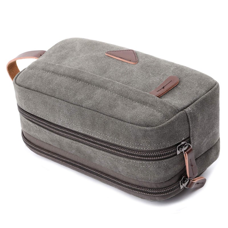 Mactso Mens Travel Toiletry Bag Canvas Leather Cosmetic Makeup Organizer Shaving Dopp Kits with Double Compartments (Gray) - Image 2